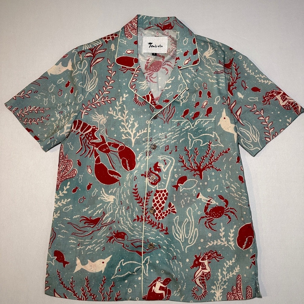 Tombolo Hawaiian Shirt Small French Blue Organic Tencel Mardi Gras Cabana Lounge